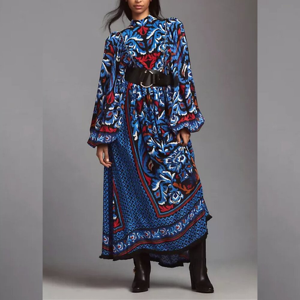Farm Rio Gathered Printed Crepe de Chine Bishop-Sleeve Maxi Dress, Blue/Red, L - Picture 2 of 14